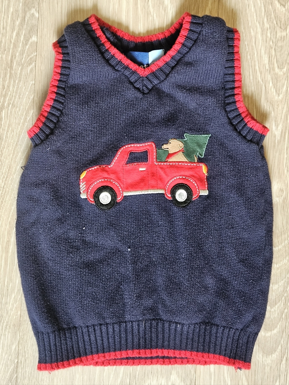 Kids Navy Christmas Sweater Vest Top with Red Truck Applique